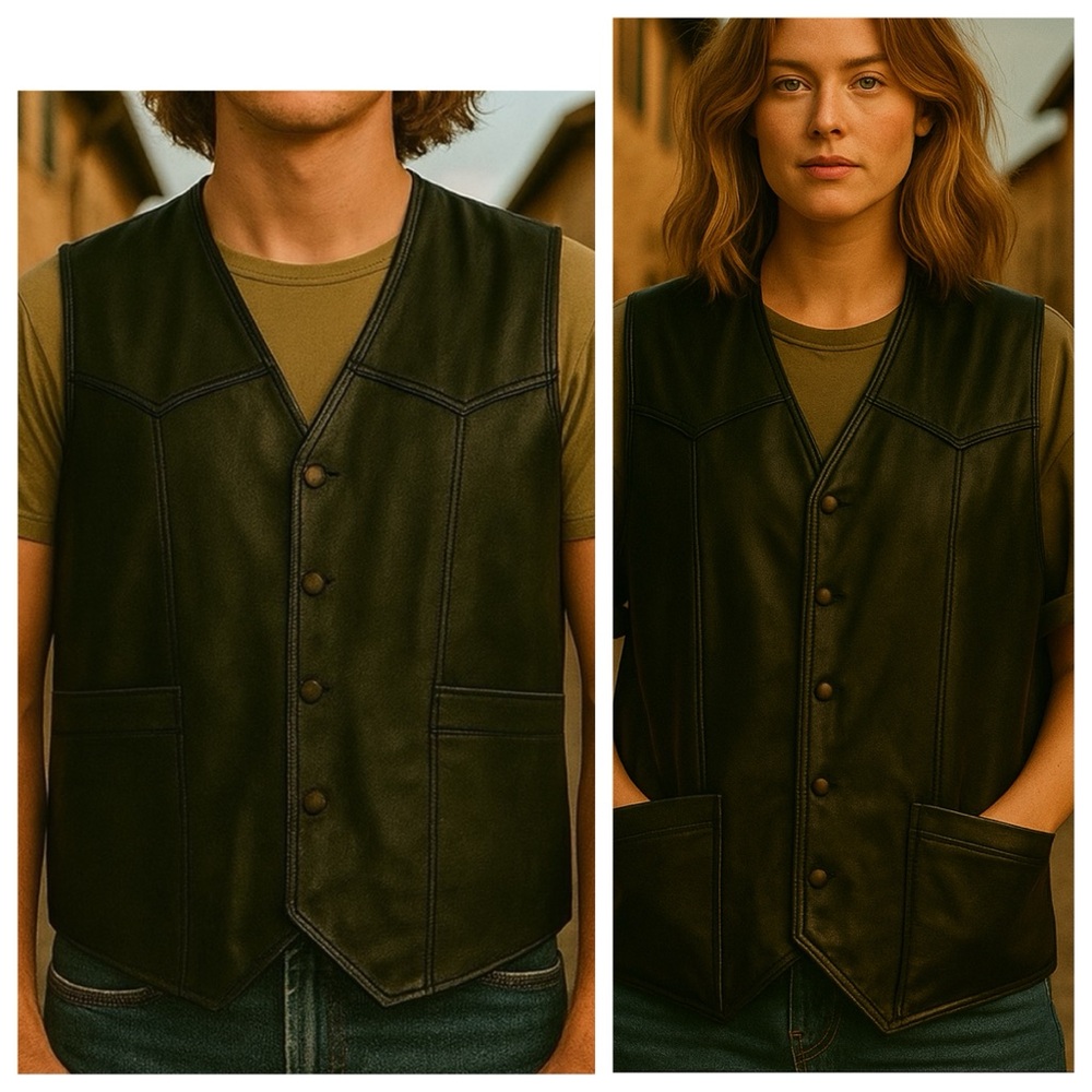 Vintage 80s Men’s Fine Leather Snap Button Black Western Biker Vest